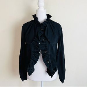 Alberto Makali Black Ruffle Ruched Tie Flap Chain Side Button Up Jacket
